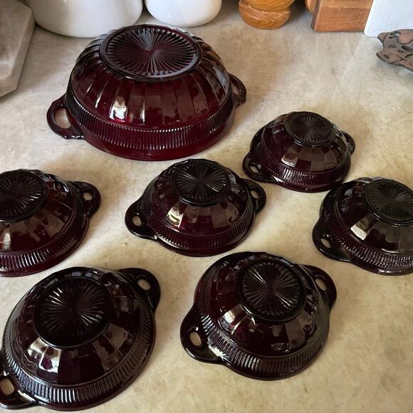 Vtg Coronation-Royal Ruby Handled Salad 7 PC Set Anchor Hocking Depression Glass - Picture 8 of 11